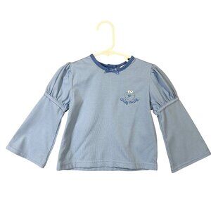 Sesame Street Girls 2T Blue Long Sleeve Top W/ Daisy Crazy Embroidery & Ruffle